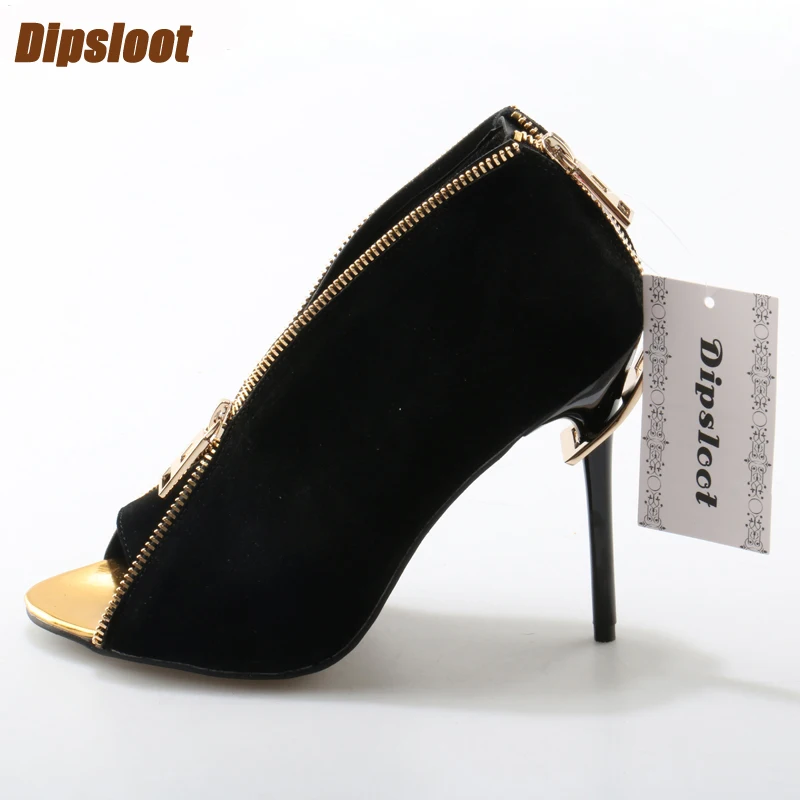Fashion Faux Black Suede Leather Women Sexy Peep Toe High Heels Zipper