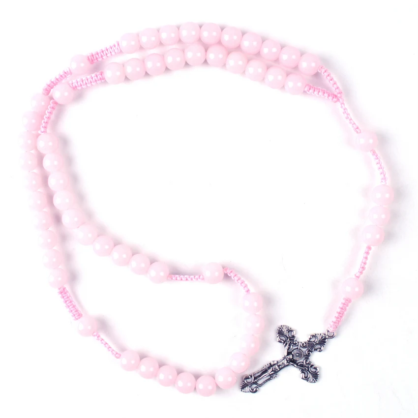 

New Style Trendy Pink Stone Beads Catholic Woven Chain Rosary Necklace For Women Girls