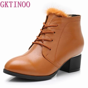 

GKTINOO Fashion Women Boots Autumn Boots Genuine Leather Ankle Boots 2018 Winter Warm Fur Plush Women Shoes Big Size34-43