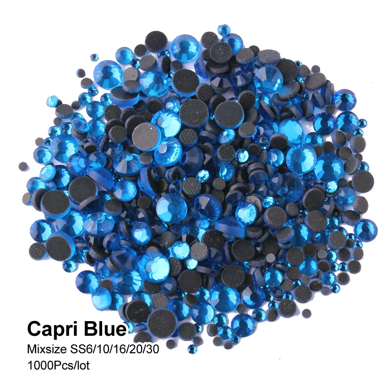 

Hotfix Rhinestone Capri Blue Mix size SS6-SS30 Crystal flatback stones 1000Pcs/lot for Adornment DIY free shipping