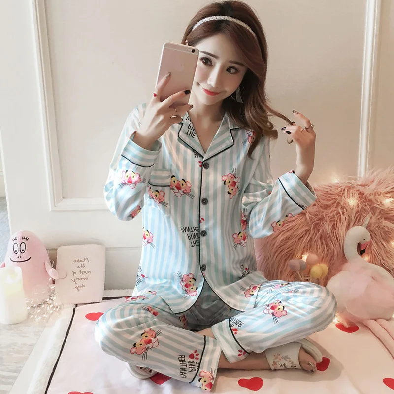 Осенне-зимний женский полосатый комплект пижамы с героями мультфильмов, атласная пижама, шелковая пижама с длинным рукавом, комплект пижамы из 2 предметов, женская ночная рубашка