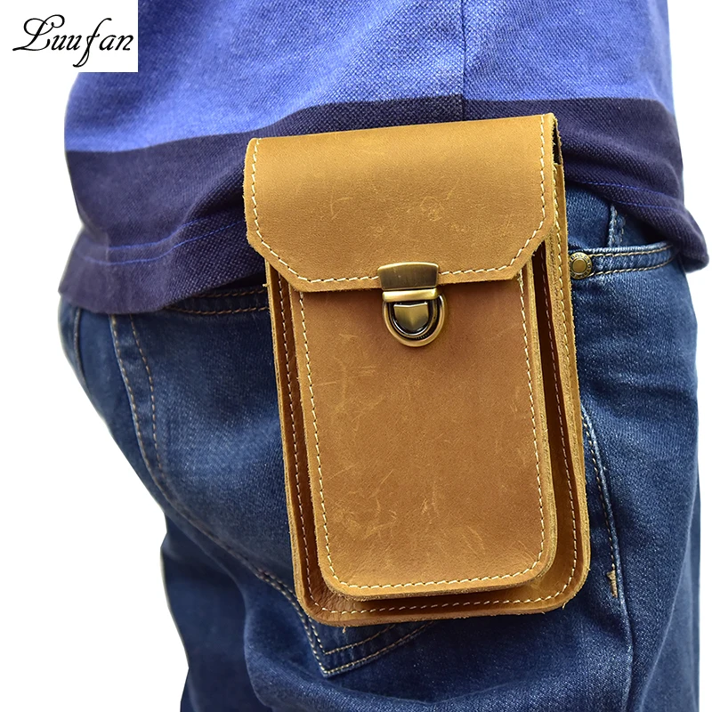 

Men's genuine leather belt bag Real leather waist bag double layer waist pack for phone buckle cigarette case fanny wallet hook