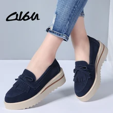 O16U Spring Women Flat Platform Shoes Suede Leather Tassel Loafers Slip on Casual Shoes Women Moccasins Ladies Creepers