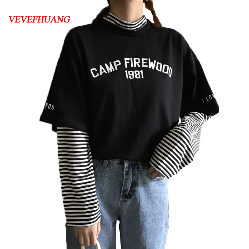 

Spring Korean Ulzzang Casual Women's T shirts Harajuku Fashion Boyfriend Style Tops Black White Striped Female Street Tee Shirt