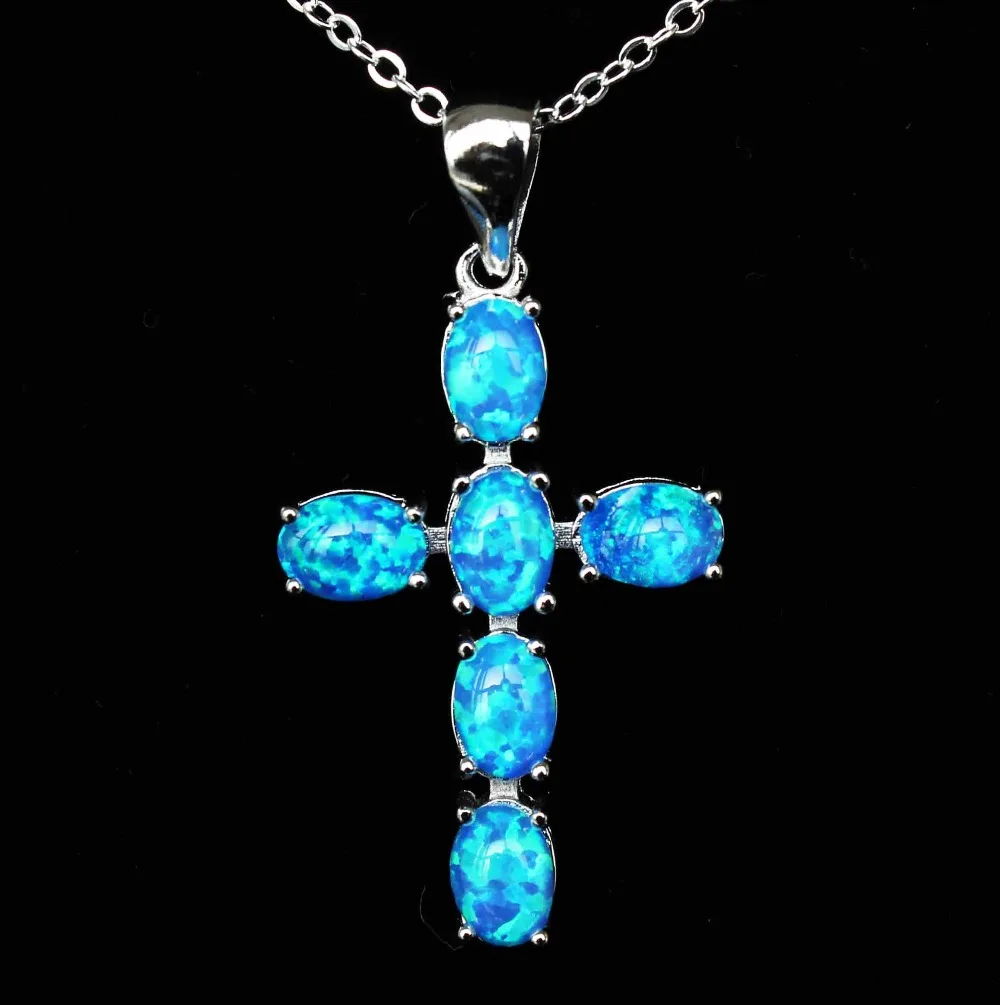 Cool Christian Cross Design White / Blue Fire Opal Pendant Necklace-in