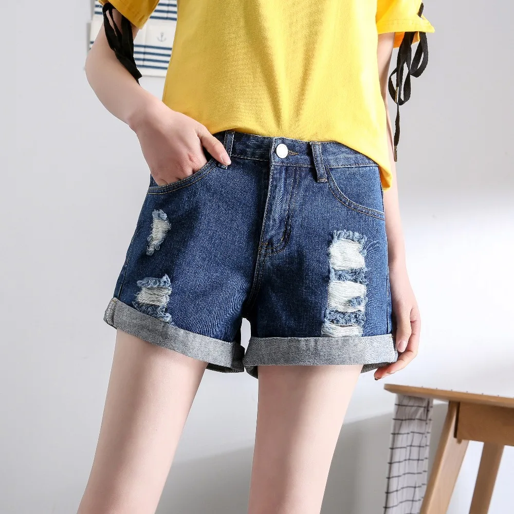 

2019 Summer new denim hole shorts jeans female Korean Style girls denim vintage Street wear bleached cuffs pants