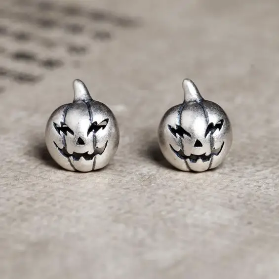 

New Mode Style Personality 100% 925 Sterling Silver Pumpkin Head Charms Stud Earrings Halloween Christmas Party Jewelry Gifts
