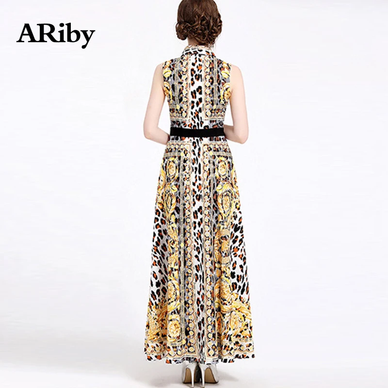 Women Dress Long Party Maxi Turn-down Collar Dress 2019 New Summer Vintage Fashion Temperament Printed A-Line Sleeveless Dresses