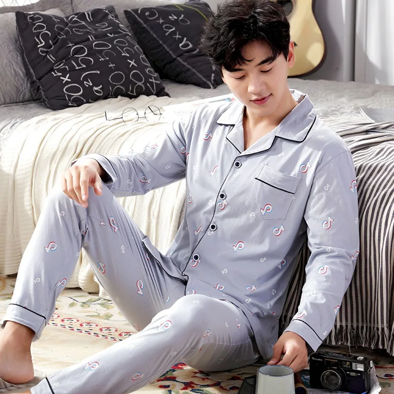 

100% Cotton Print Pajama Sets for Men 2019 Autumn Winter Long Sleeve Pyjama Sleepwear Suit Male Homewear Loungewear Home Clothes