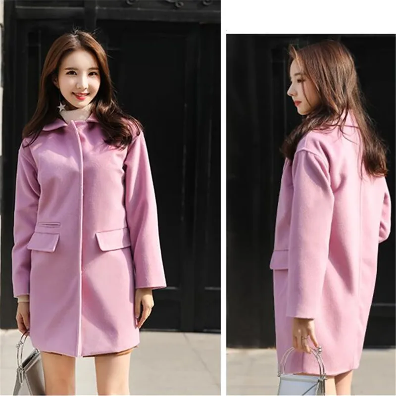 Autumn Long Wool Coat Women Pink Jacket Korean Plus size Long sleeve Winter Warm Blend Woolen Coat 2018 Fashion Ladies Overcoat