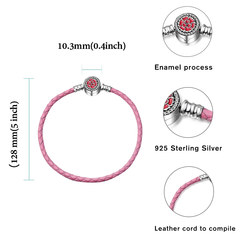 Аутентичный 925 пробы серебряный розовый цветок с красной эмалью кожаный браслет подходит для женщин шарик шарм браслет подарок DIY ювелирные изделия