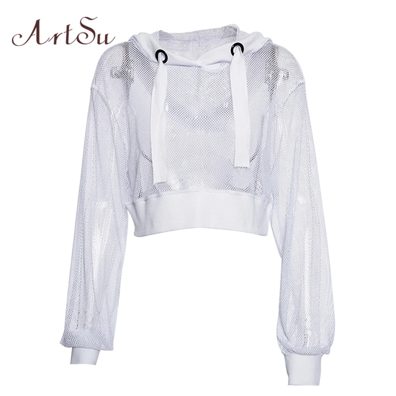 

ArtSu Autumn Mesh Top Hooded Long Sleeve Woman Tshirt Top White Sexy Transparent Fishnet Top Crop Tee Shirt T-shirt ASTS20451