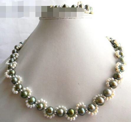 

Fast shipping + 07722 2strands Green Round White Baroque Freshwater Pearl Necklace Bracelet Set (A0516) -Bride jewelry free ship