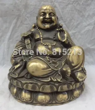 

bi001107 9" Chinese Bronze Buddhism Joss RuYi Happy Laughing Maitreya Buddha Bead Statue