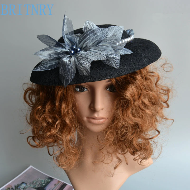 BRITNRY винтажная черная Свадебная шляпа ручной работы кружевная с цветами и жемчугом Свадебная шляпа элегантная шляпа свадебные аксессуары