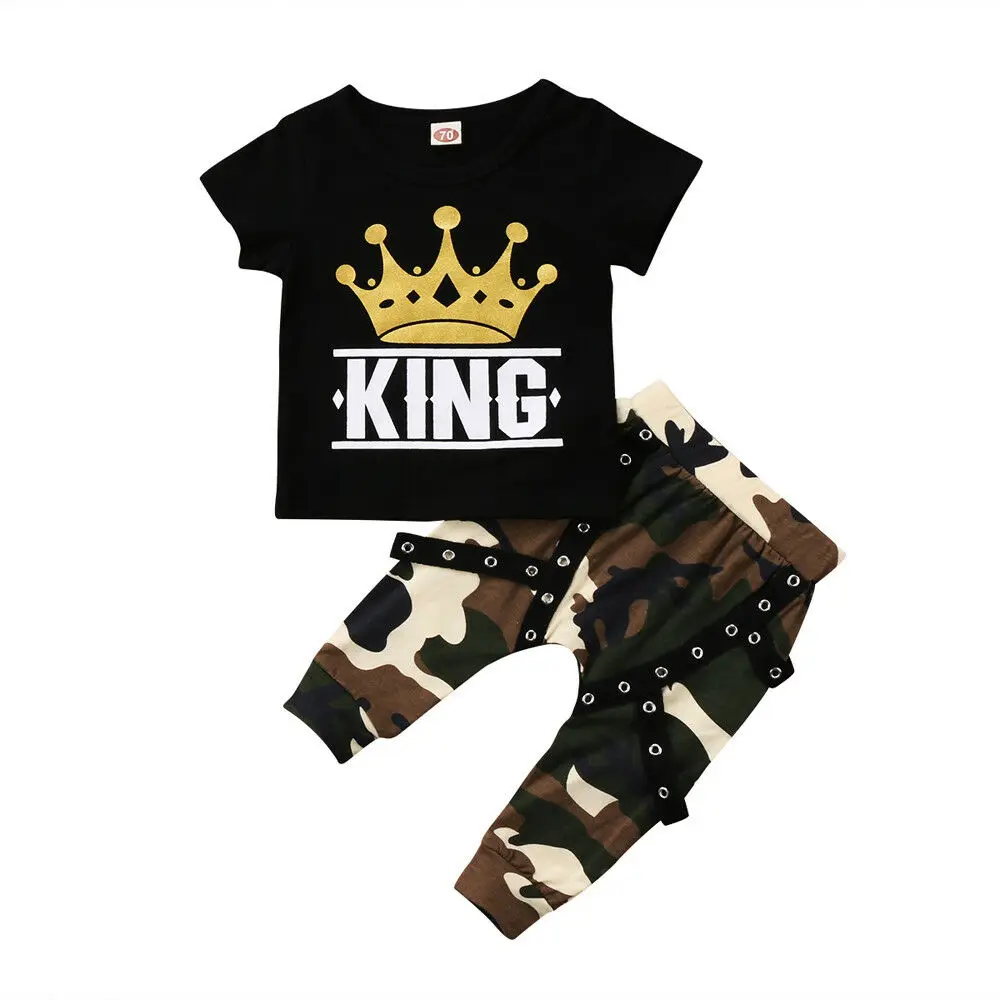 

Toddler Newborn Kids Baby 2PCS Outfits Boys Letter Print Tops + T-shirt Camo PantsSet Clothes 0-5Years Casual Summer