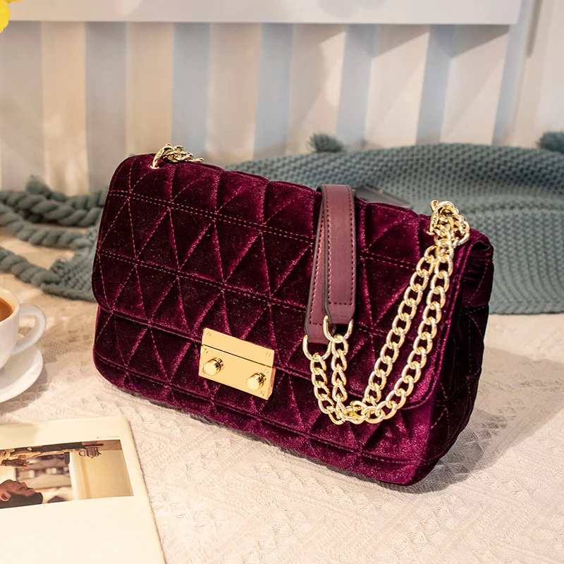 

2019 New Luxury Fashion Famous Designer Velvet Chain Shoulder Messenger Bags Diamond Lattice Women Purse and Handbags Sac A Main