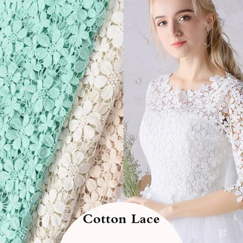 

2yards off White/light green/ apricot cotton water soluble embroidery lace fabric for wedding dress Lace Fabrics width130cm