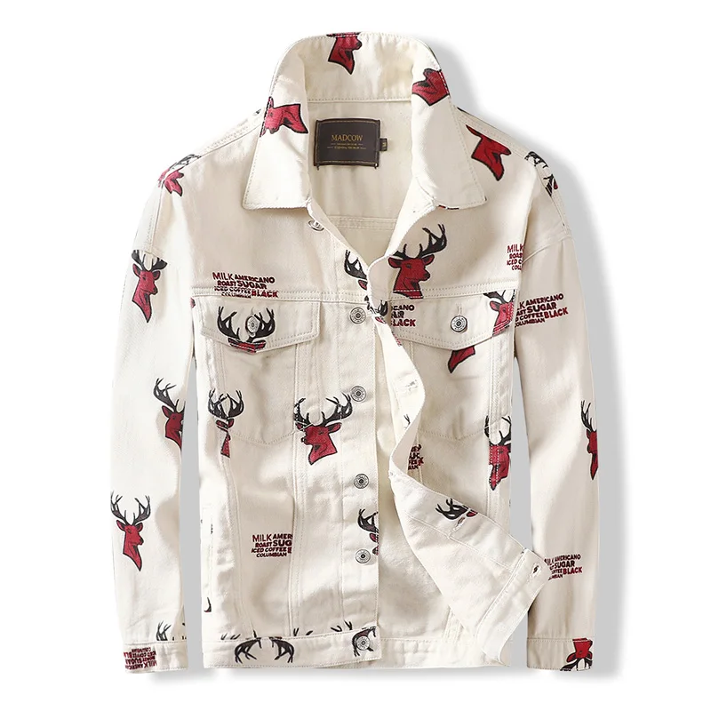 Spring Autumn Fashion Designer Men Jacket Beige Color Deer Printed Casual Denim Jacket Men Coats Streetwear Hip Hop Jacket Women Spring Autumn Fashion Designer Men Jacket Beige Color Deer Printed Casual Denim Jacket Men Coats Streetwear Hip Hop Jacket Women