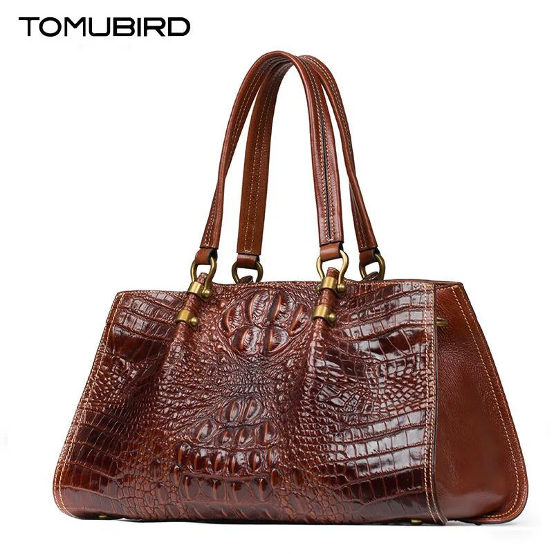 TOMUBIRD New Superior cowhide leather Classic Designer Embossed Crocodile Genuine Leather Tote Top Handle Handbags