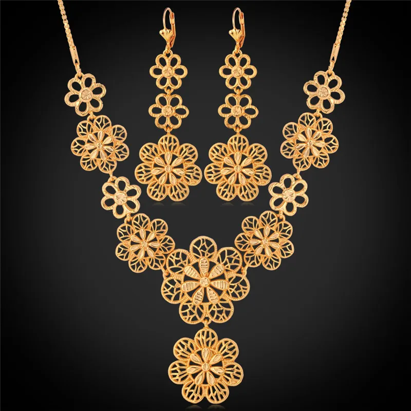 

Kpop Wedding Jewelry Necklaces Long Drop Earrings For Women Gold Color Flower Necklace Jewelry Sets PE020