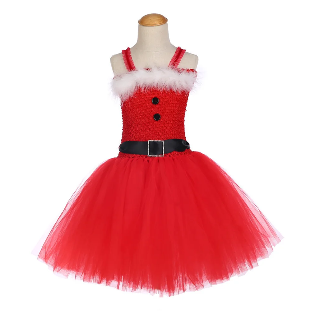 Girls Christmas Santa Winter Dress with Feather and Sashes Handmade Red Puffy Dress for Kids Birthday Tutu Party Dress Clothes (2)