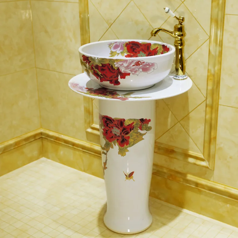Столовая раковина для умывания Керамическая маленькая квартира Туалет простая раковина-основание умывальник белый пион узор раковины для ванной комнаты