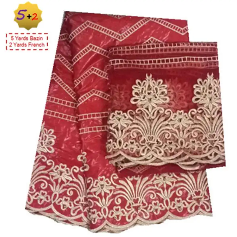 

Red Color Lace Fabric African Bazin Riche African Lace Fabric Guinea Bazin Riche Fabric Set With Beads For wedding PartyDress-30