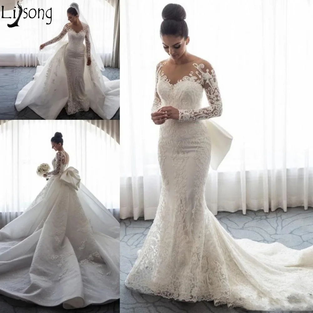2018 Luxury Mermaid Wedding Dresses Sheer Neck Long Sleeves Illusion Full Lace Applique Bow Overskirts Button Back Chapel Train Bridal Gowns289