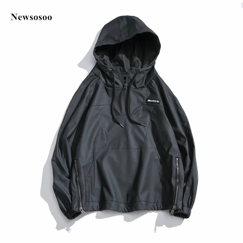 Newsosoo Men Autumn Half zipper Hooded Windbreaker Jacket Hip Hop Side