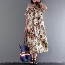 2018 ZANZEA Mulheres Verão Floral Vintage Imprimir O Pescoço Curto Midi Vestido Solto Festa Casual Vestido de Linho de Algodão de manga Mais tamanho