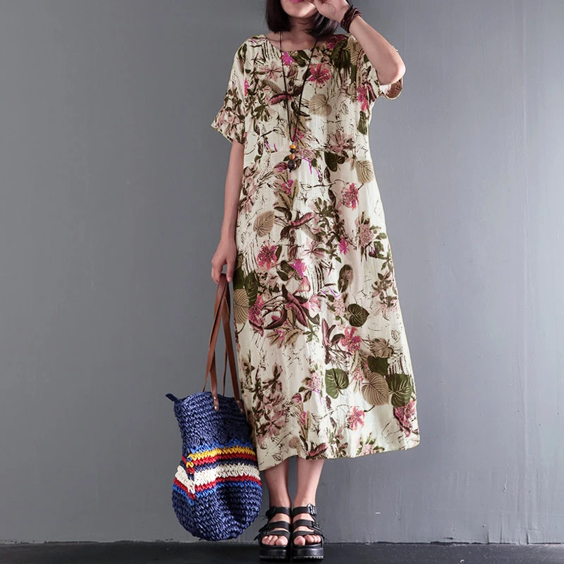 

2019 ZANZEA Women Summer Vintage Floral Print O Neck Short Sleeve Loose Casual Party Cotton Linen Dress Midi Vestido Plus Size