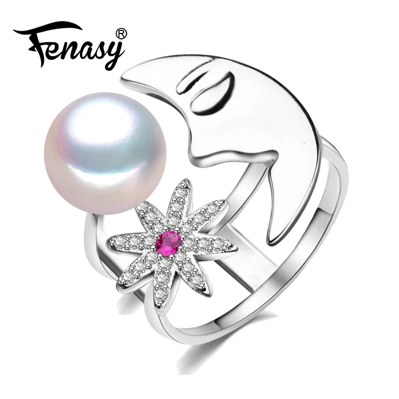 

FENASY Pearl wedding ruby star rings,pearl jewelry Double layer S925 sterling silver moon Ring for Women Gift,jewelry box