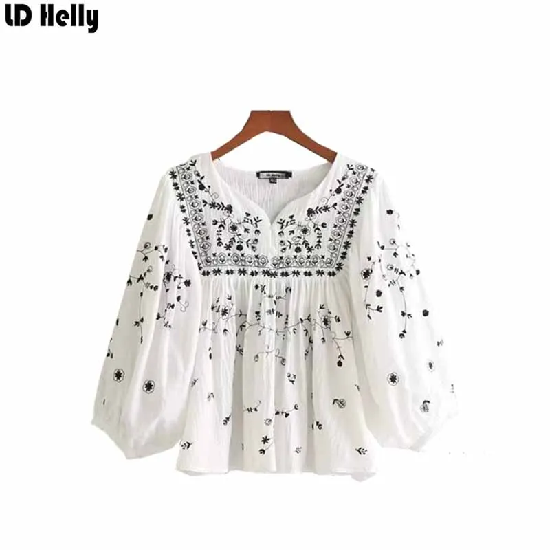 LD Helly новые модные Повседневное цветочной вышивкой свободные блузки v образным