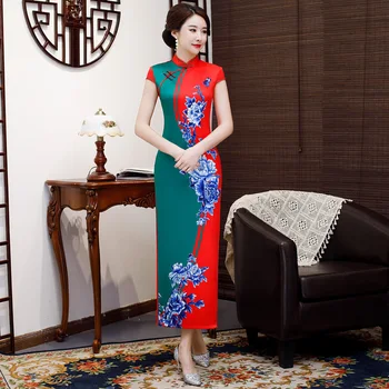 

2019 Fashion Long Cheongsam Chinese style Mandarin Collar Dress Womens Summer Rayon Qipao Slim Party Dresses Vestido S of 5XL