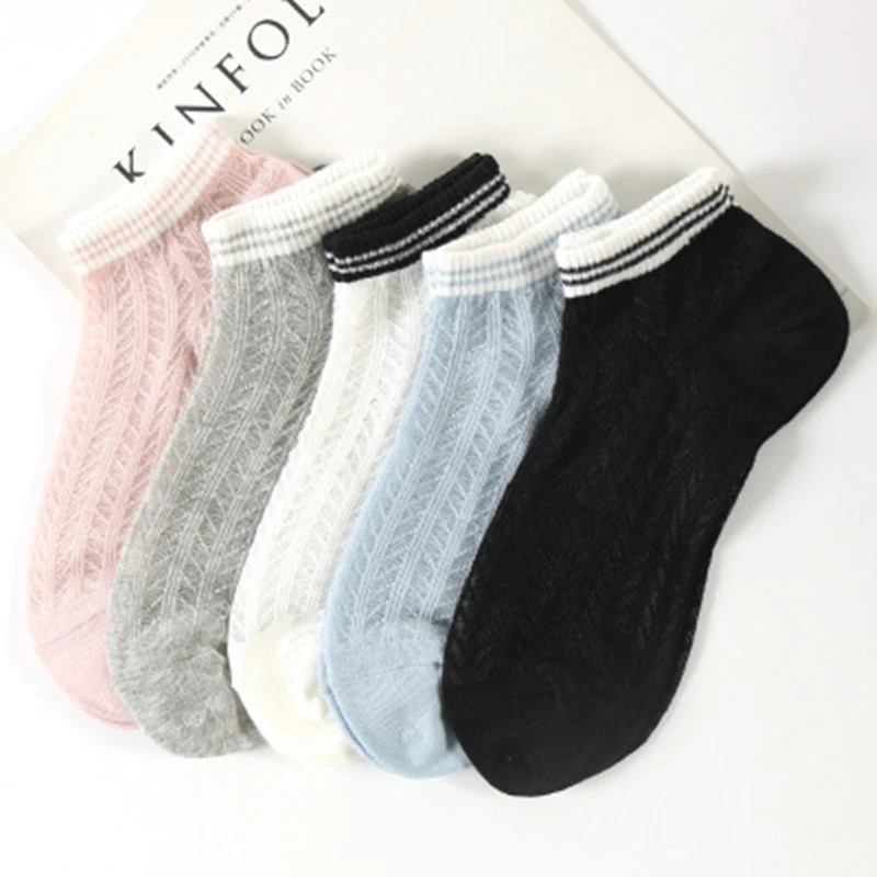 

5 pairs Women Summer Crystal Silk Socks Crystal Horizontal Strip Hollowed Out Thin Ankle Socks Sweet Girls Jacquard Short Tube