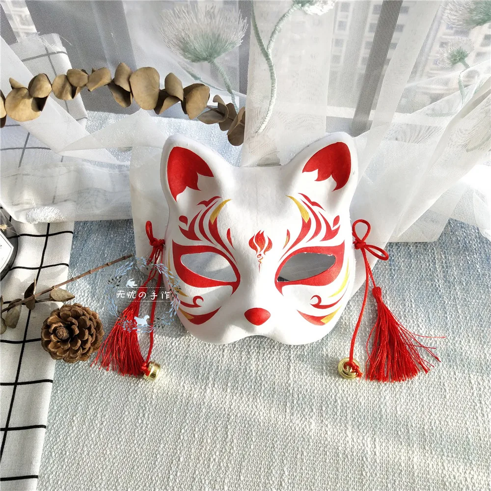 

New Japanese Fox Mask Hand-painted pulp Cat face Natsume's Book of Friends Pulp Fox Half Face Mask Halloween Cosplay Animal Mask