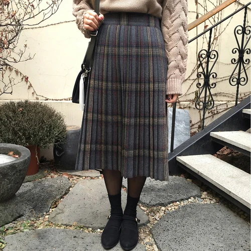 Осень Зима Толстая шотландская килт юбка для женщин миди Винтаж Harajuku Mid плед