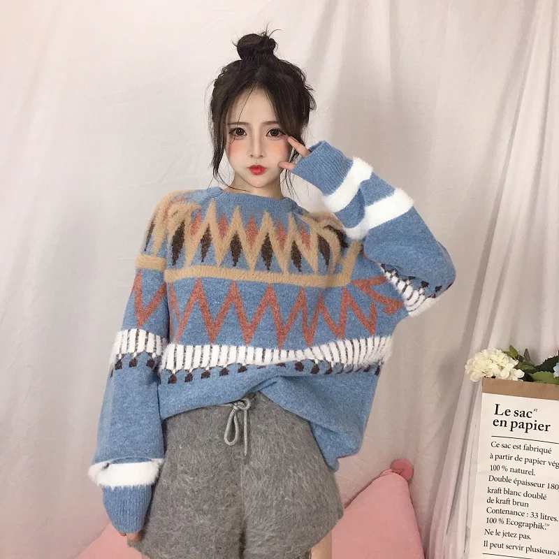 

Lychee Girls Geometric Knitted Thick Women Sweater O Neck Long Batwing Sleeve Female Sweater Spring Autumn Preppy Style Pullover