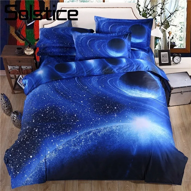 

Solstice Home Textile 3D Cosmos Starry Sky Galaxy Pattern Bedding Sets Duvet Cover Pillowcase Bed Sheets 2/3/4PCS Blue Linen