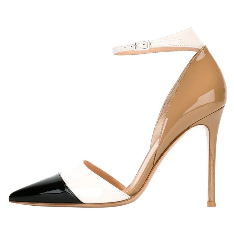 Patent Leather Black White Mixed Color High Heels Women Shoes Fashion Design Sexy Leopard Pumps Ankle Strap Wedding Shoes Woman