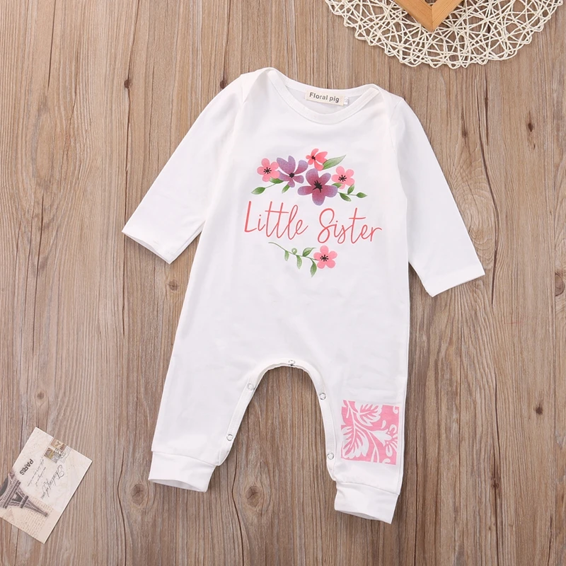Newborn Baby Girl Little Sister Romper Floral Girls Letter Jumpsuit Long Sleeve Cotton Playsuit