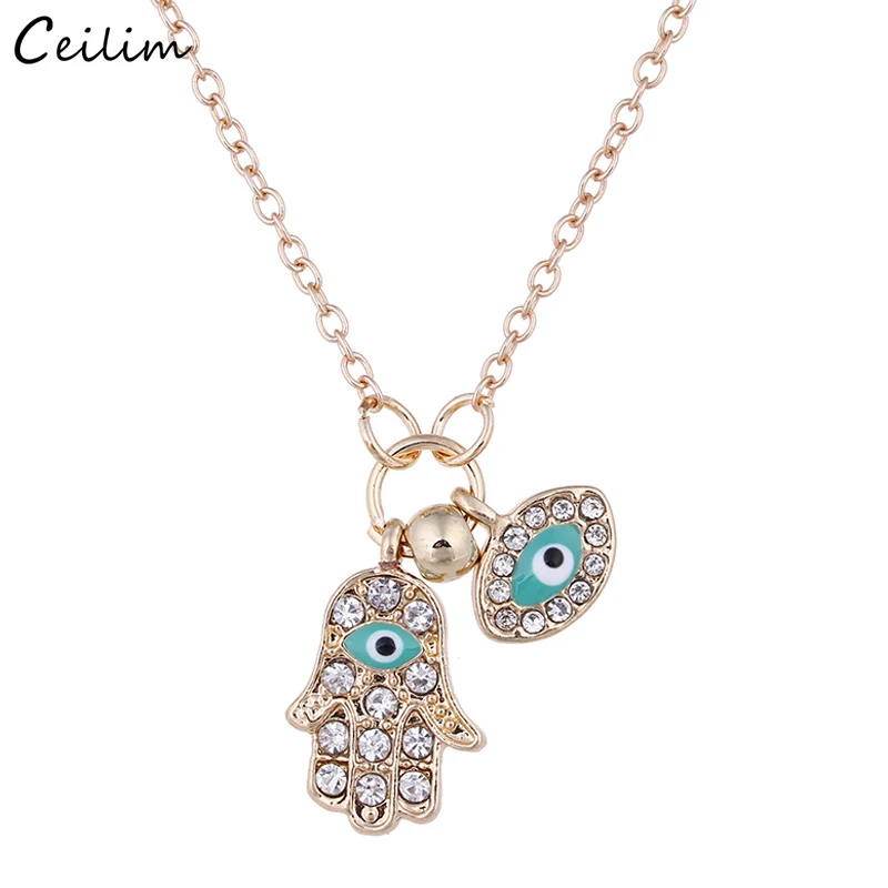 Женское Ожерелье Fatima Hand Hamsa Lucky Blue Eye, модное Золотое серебряное ожерелье с кристаллами и подвеской, ювелирное изделие, воротник для женщин