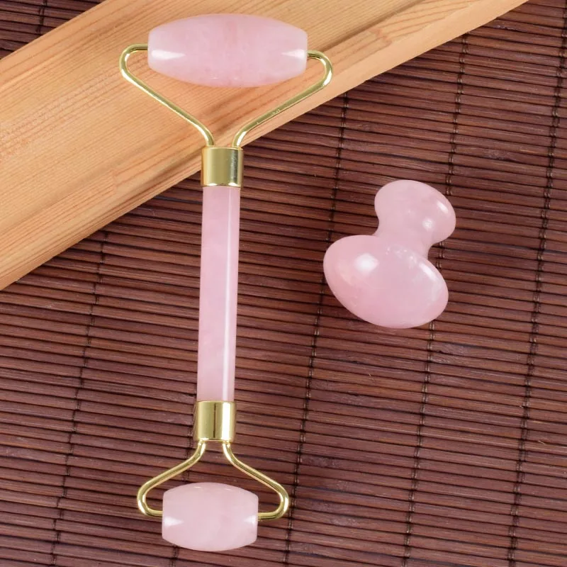 Ролик для лица Gua Sha инструмент массажный набор Китай традиционный натуральный розовый кварц спа иглоукалывание выскабливание тела лечебный камень макияж - Цвет: 1 set 2 pieces
