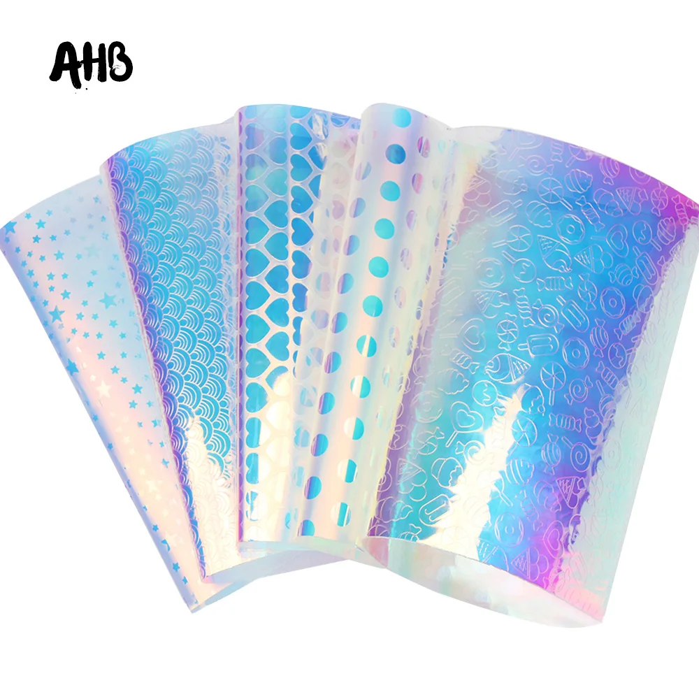 

AHB 22*30cm PVC Laser Fabric Synthetic Hologram Shiny Star Transparent PVC Vinyl Fabric Party Decoration DIY Fabric For Bow