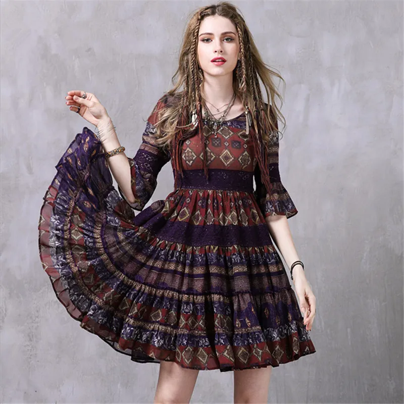 

Vintage High Waist Summer Dress 2017 New Chiffon Vestidos Women O-Neck Floral Print Maxi Party Dresses Patchwork Vestido