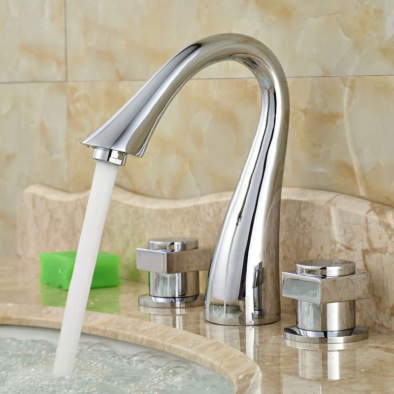 

Dual Handle Waterfall Spout Bathroom Basin Vanity Faucet Chrome Color Widespread Waterfall Spout