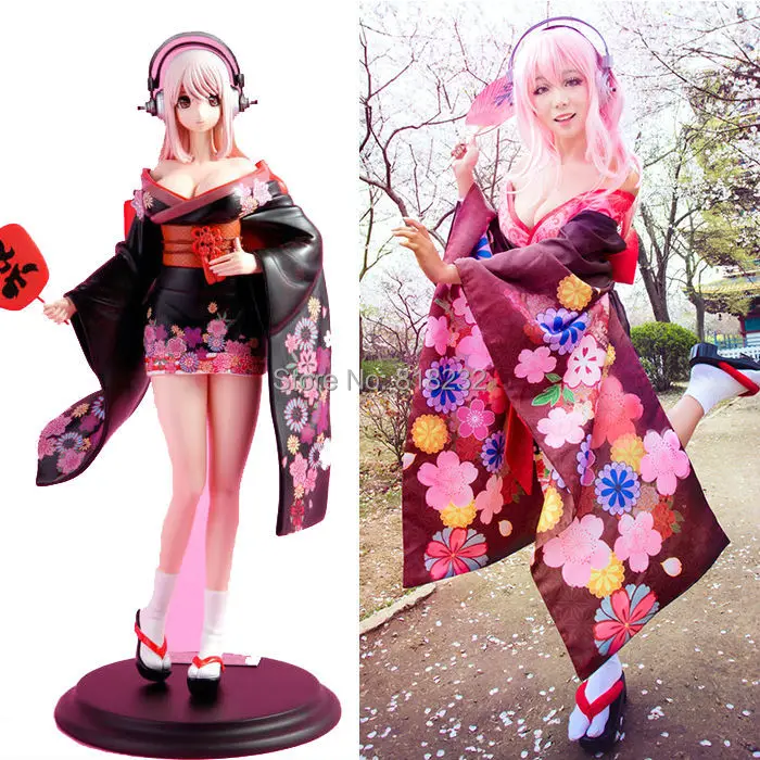 Super Sonico The Animation Flowers Kimono Black Dress Cosplay Costume Full Sets