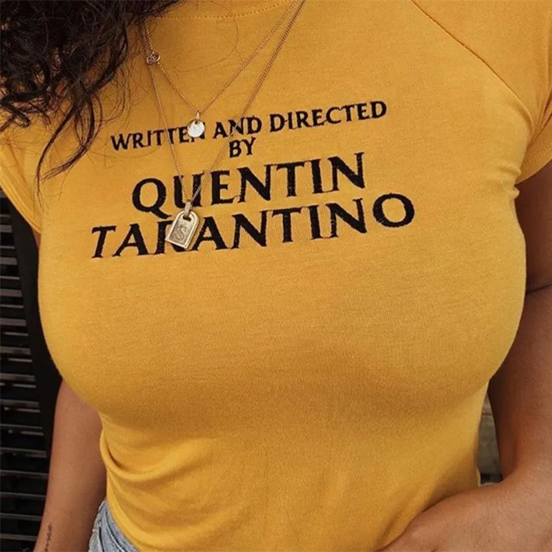 

2019 New Summer tshirt Tees WRITTEN AND DIRECTED BY QUENTIN TARANTINO Letter Print Short Sleeve yellow t shirt 90s women shirt