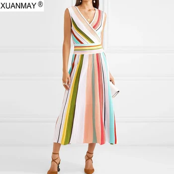 

Summer Bohemia Vest Dress Over the knee color stripe long style Sweater Dress 2019 Summer Sexy Slim Sweater Vest Dress Female